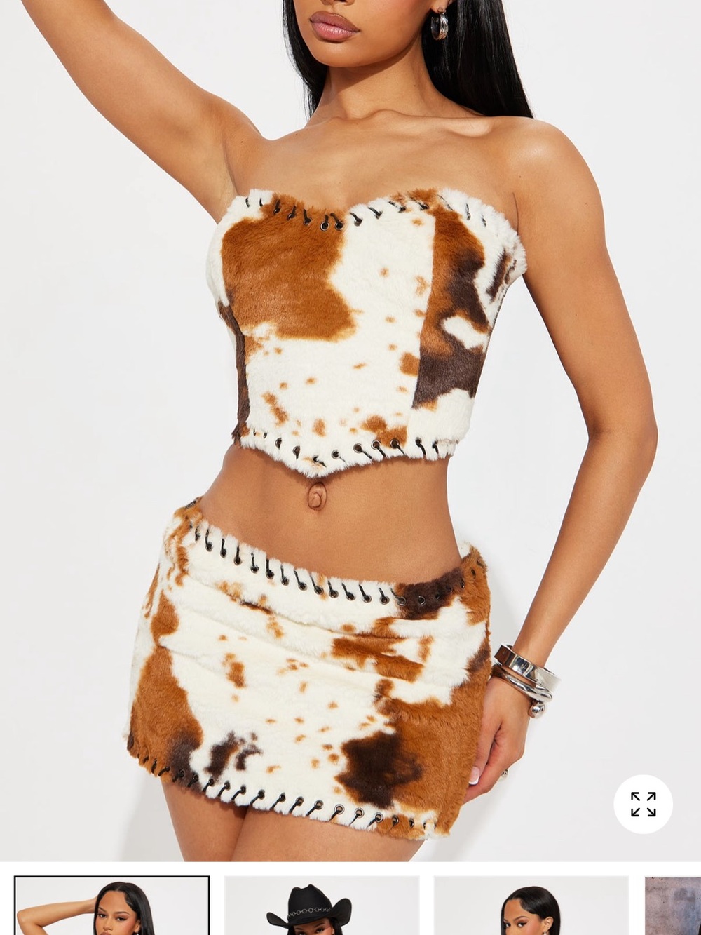 Faux Fur Cow Print Strapless Mini Skirt set- Brown & White